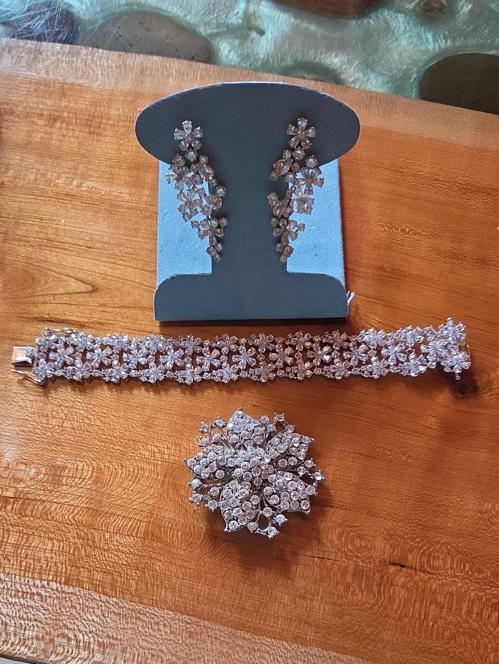 Crystal Floral Bracelet, Earrings and Brooch Set - Silver Tone
